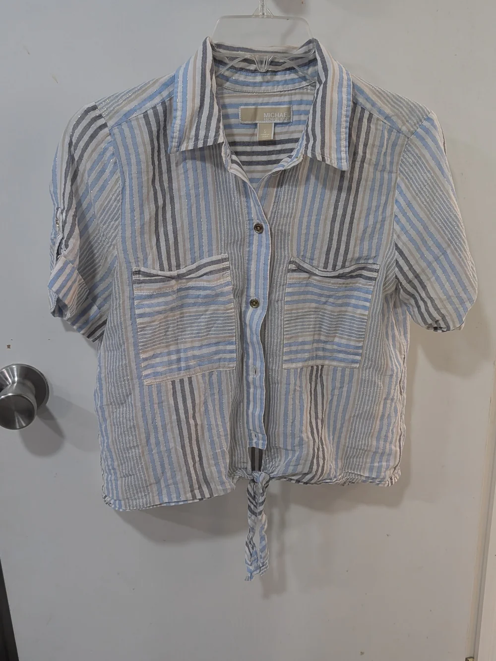 Michael Kors Light Blue, White & Gray Striped Tie-Hem Button Shirt